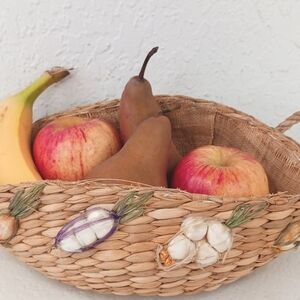 Basket Handmade 13 X 8" Raffia Burlap Rope Cotton Ball Vegetables Vintage